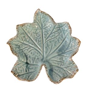 Vintage California Pottery Leaf Trinket Dish Aqua Gold Edges USA